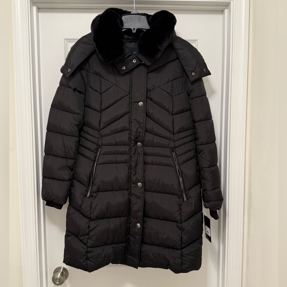 London Fog Women's Black Puffer Jacket with Detachable Faux Fur and Hood